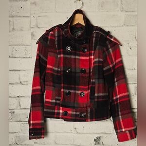 Last Kiss Women's Red Plaid Peacoat Jacket, Double Breasted Y2K SIZE M